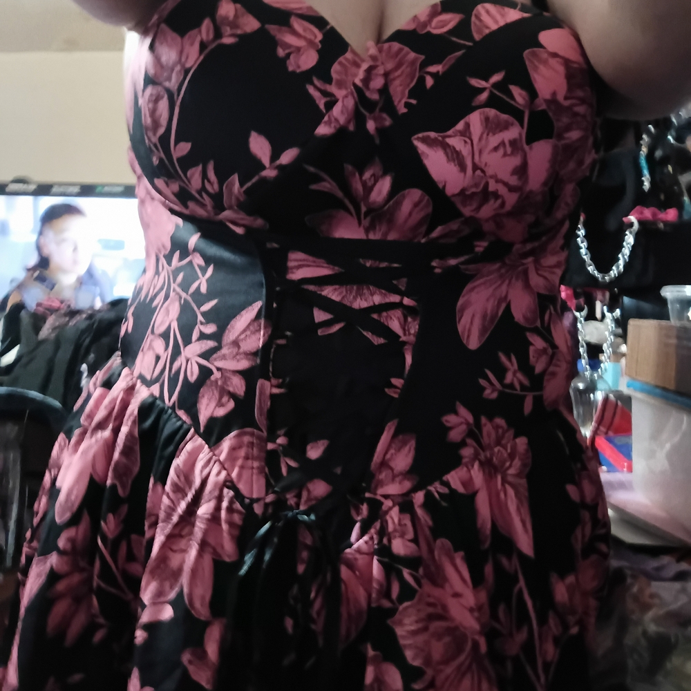 Source Unknown Strapless Black and Pink Floral Dress